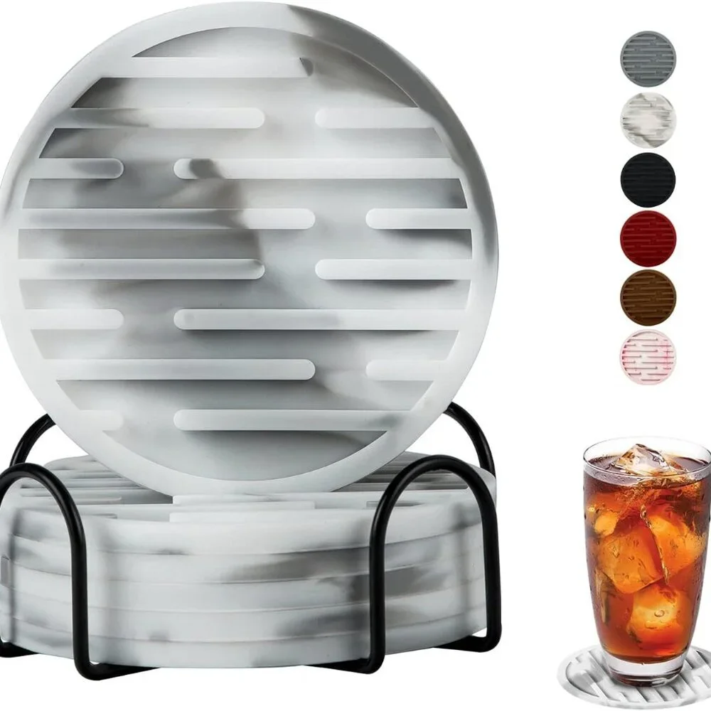 Silicone Coasters for Drinks Set of 6 with Holder - Waterproof Non-Slip Reusable